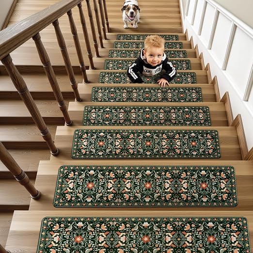 OJIA Floral Stair Treads Non-Slip Stair Runner for Wooden Steps 15PC 30"x8" | Indoor Carpet Stair Treads Stair Mats Staircase Step Treads for Kids, Elders and Dogs, Stair Covers, Black