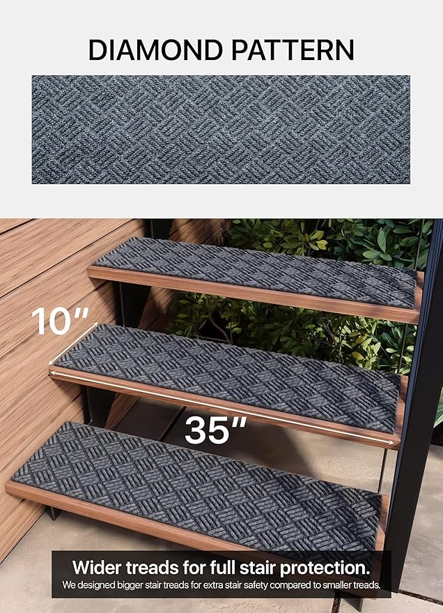 FINEHOUS Outdoor Stair Treads Non-Slip 35”x10” (6-Pack) – Carpet Treads with Rubber Backing Diamond Grey