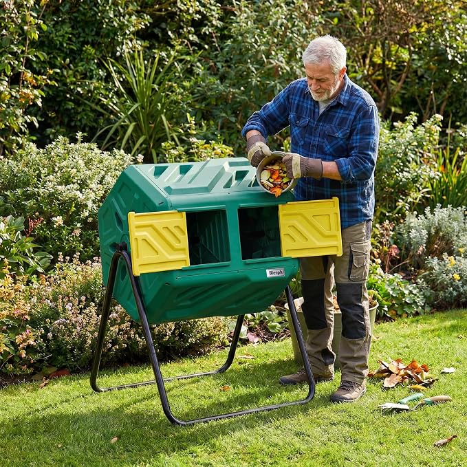 Werph 43 Gal Dual Chamber Compost Bin Tumbler for Backyard Garden, Green | Dual-chamber Design, 360° Rotating Tumbling, BPA-free Materials, Pre-assembled Parts, for Garden, Kitchen & Yard Waste