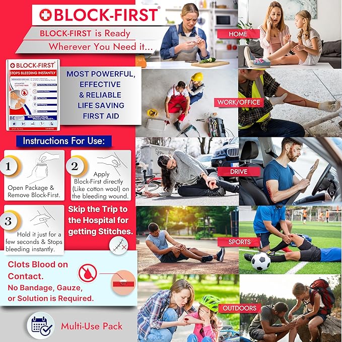 BLOCK-FIRST Advanced First Aid Kit– Stops Bleeding Instantly & Prevents Stitches, Emergency Trauma Medical Kit for Home, Car, Travel, Camping, Hiking, Office, Sports, Outdoor Survival, Multi-Use Pack
