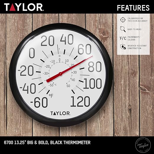 Taylor Big and Bold Wall Thermometer, Indoor Outdoor Thermometer, Wireless Thermometer with Easy to Read Numbers for Patio, Pool, and Indoor Areas, 13.25-inch, Black