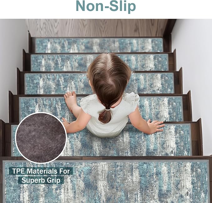 sarben 8"x30" Non Slip Stair Treads for Wooden Steps 15 Pack, Teal | Peel and Stick Carpet Stair Runner with TPE Adhesive Backing, Carpet for Added Safety, Pet and Senior Friendly