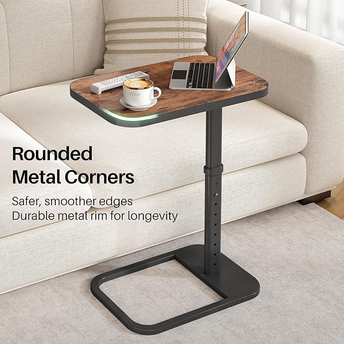 Kitstorack Upgraded TV Tray Table with Panel Lock, 90° Flip-Over Design & Adjustable Height, Sofa Arm Side Table for Eating, Laptop, Couch, Bed, or Small Spaces, Brown