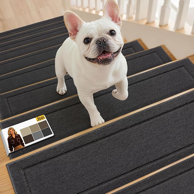 JSEI Stair Treads for Wooden Steps Indoor, 15-Pack, 30" x 8", Dark Grey | Non Slip Stair Treads, Washable Polyester Stair Mats with TPE Backing, Low Profile Stair Rugs for Kids, Seniors and Dogs