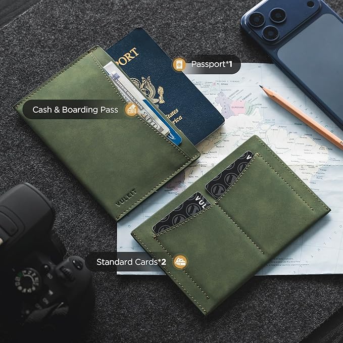 VULKIT Passport Cover Ultra Slim Design Leather Passport Sleeve RFID Blocking with 2 Card Slots, Anti-Theft Travel Essentials