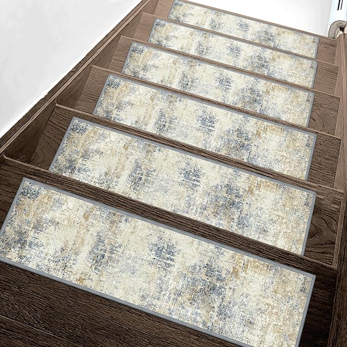 sarben 8"x30" Non Slip Stair Treads for Wooden Steps 15 Pack, Ivory Denim | Peel and Stick Carpet Stair Runner with TPE Adhesive Backing, Carpet for Added Safety, Pet and Senior Friendly