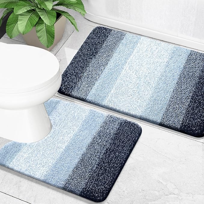 OLANLY Bathroom Rug Set 2 Piece, Soft Absorbent Microfiber Bath Mats and U-Shaped Contour Toilet Rug, Non-Slip, Machine Wash Dry, Plush Shaggy Bath Mats for Bathroom (30"x20"+U24 x20, Dark Blue)