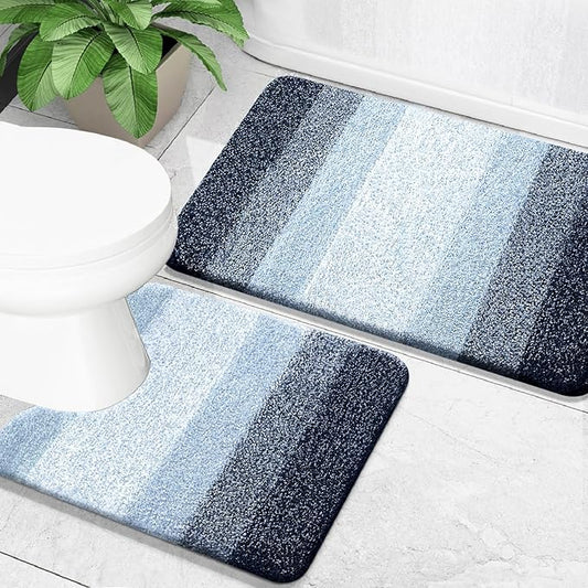OLANLY Bathroom Rug Set 2 Piece, Soft Absorbent Microfiber Bath Mats and U-Shaped Contour Toilet Rug, Non-Slip, Machine Wash Dry, Plush Shaggy Bath Mats for Bathroom (24"x16"+U24 x20, Dark Blue)