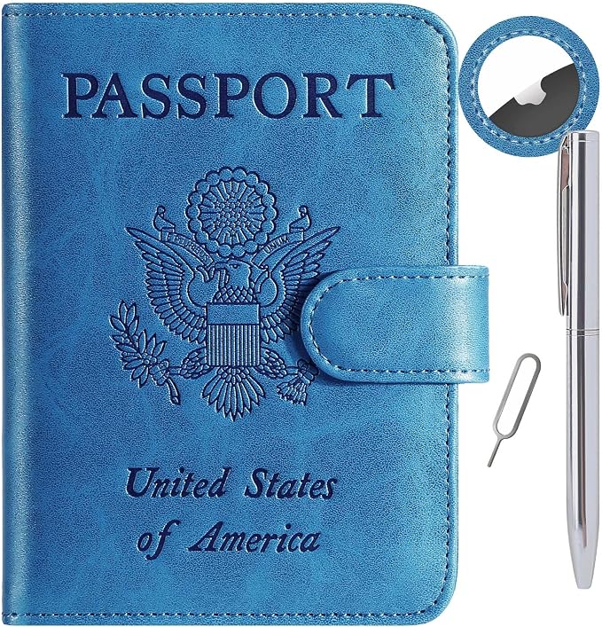Airtag Passport Holder Cover Wallet RFID Blocking Leather Case Travel Essentials Luggage Accessories Travel Must Have(118#Blue)