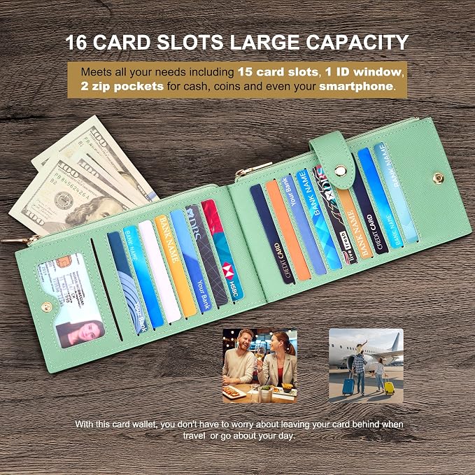 Travelambo RFID Wallet Women Large Size Bifold Multi Card Wallet Case with Zipper Pocke Credit Card Holder for Women