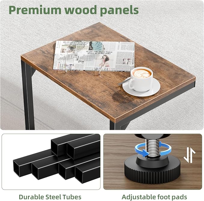 Simple Trending C Shaped Side Table, Small End Table Set of 2, TV Trays Sofa Couch Table for Living Room, Bedside, Rustic Brown