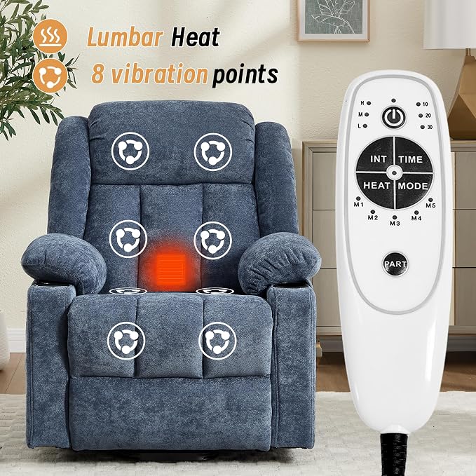 Power Lift Recliner for Elderly,Electric Recliner Chair with Massage & Heating for Adults, USB Charging, Cup Holders, Side Pocket, Living Room Sofa L1288 (Navy Blue)