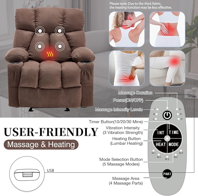 Massage Rocker Recliner Chair with Heat and Vibration Ergonomic Rocking Lounge Chair for Living Room Comfy Overstuffed Recliner with 4 Side Pockets,2 Cup Holders, Brown