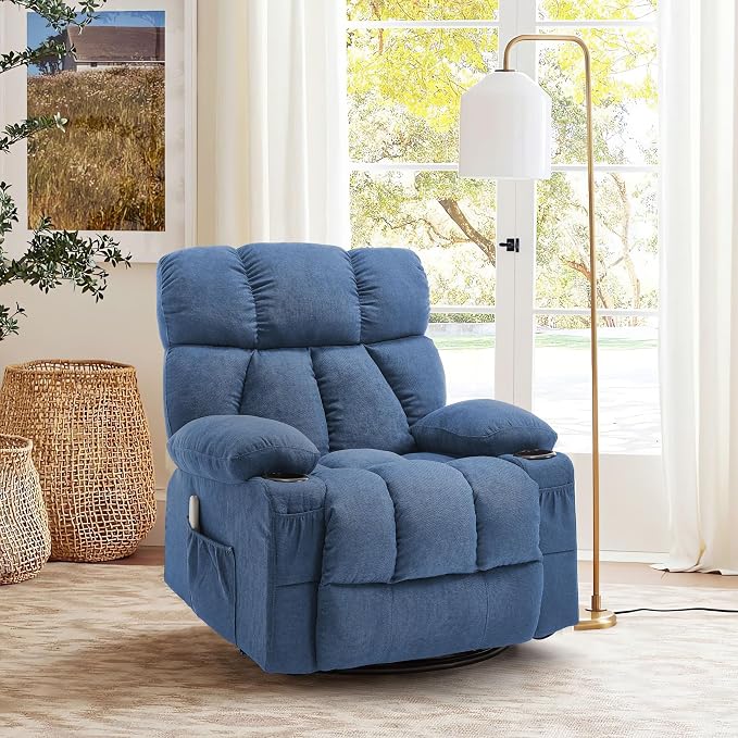 Oversized Massage Swivel Rocker Recliner Chair with Heat and Vibration Rocking Lounge Chair for Living Room Comfy Overstuffed Recliner with 4 Side Pockets,2 Cup Holders, USB Charge Port, Blue