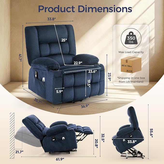 Power Lift Recliner Chair for Elderly, Electric Reclining Lift Chair with Massage and Heating, Comfy Overstuffed Recliner Single Sofa with Cup Holders,Pockets,USB Charge Port for Living Room,NavyBlue