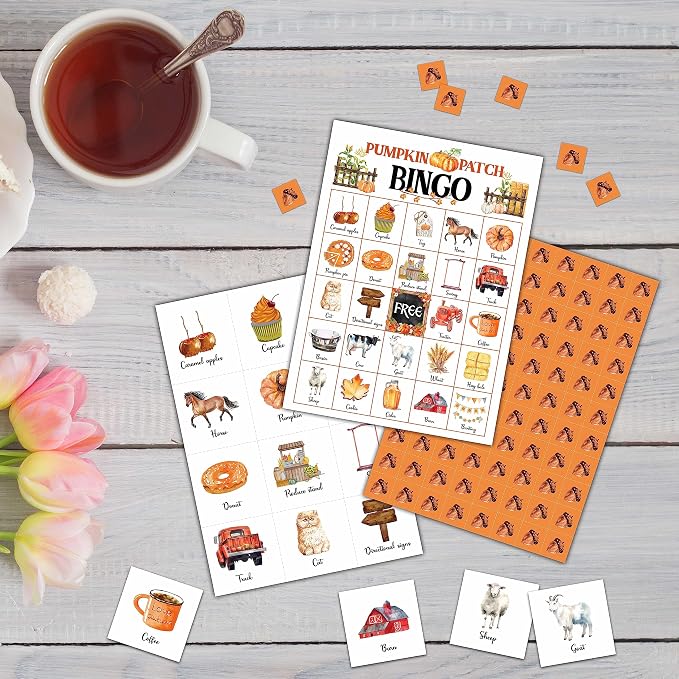 Pumpkin Bingo Game - Fall Harvest Bingo Card - 24 Players Bingo Game Set Indoor Outdoor Activities - Halloween, Thankgiving Party Favors Supplies -A10