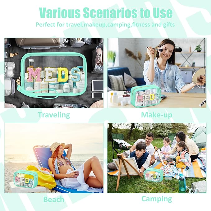 BuyCard 2 Pcs Medicine Chenille Letter Bag Preppy Clear Makeup Meds Pouch for Travel Nylon & PVC Transparent Cosmetic Bag Preppy Patch Toiletry Storage for Women Girls Green