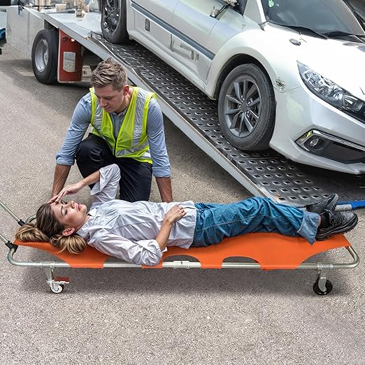 Folding Stretcher for Medical Emergency with Trolley 4 Wheels and Straps, Aluminum Alloy Portable Emergency Medical Stretcher for Hospital, Clinic, Home, Sports Venues, Ambulance