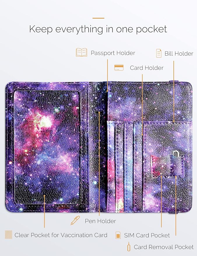 Mymazn RFID Passport Holder Women Passport and Vaccine Card Wallet Combo Passport Case with RFID Blocking Passport Cover with Clear Pocket Passport Wallet for Vaccination Card Holder (Starry)