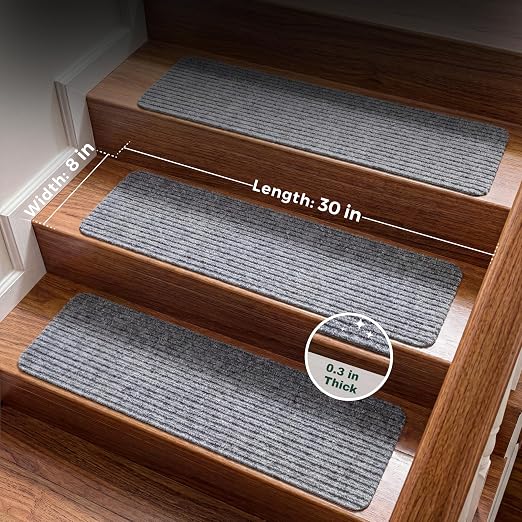 MBIGM Carpet Stair Treads for Wooden Steps, 15 Pack, 8" x 30", Light Gray | Four-layer polyester carpet with PP grid base, nonwoven cushion and TPR adhesive backing adds indoor traction and comfort