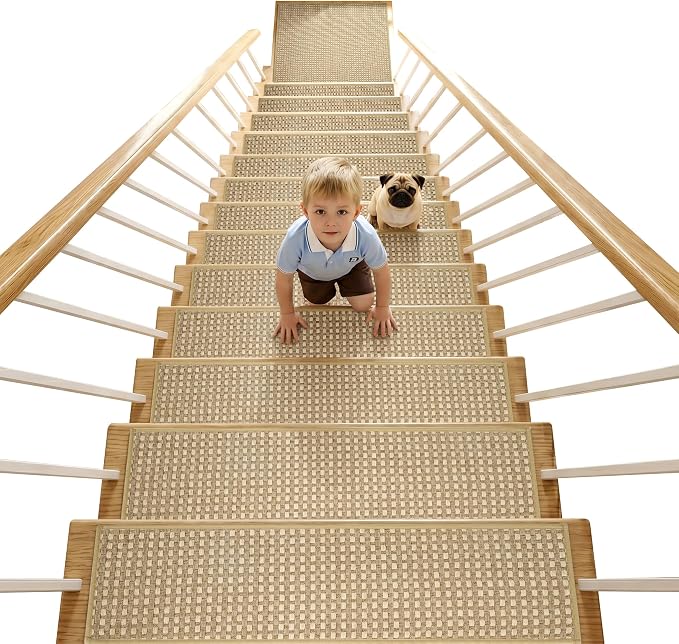 Chenille Stair Treads for Wooden Steps 8"x30" (4 Pack), Ultra Soft Non-Slip Carpet Stair Runners Indoor, Peel and Stick Self-Adhesive Step Rugs for Kids & Dogs, Machine Washable, Beige