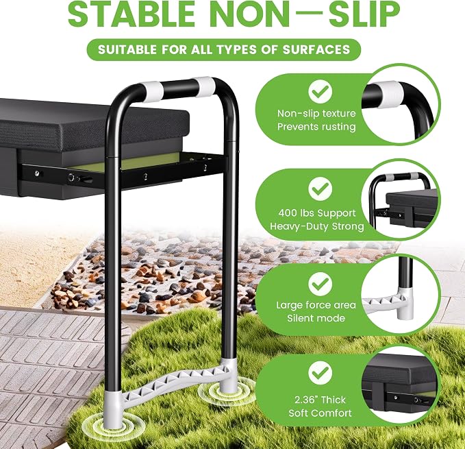 2-in-1 Garden Kneeler & Seat – Heavy Duty Foldable Gardening Bench, 400 lbs Capacity, Thick Removable Kneeling Pad, Waterproof Oxford Cushion, Portable Tool Pouch, for Seniors, Women, Mom