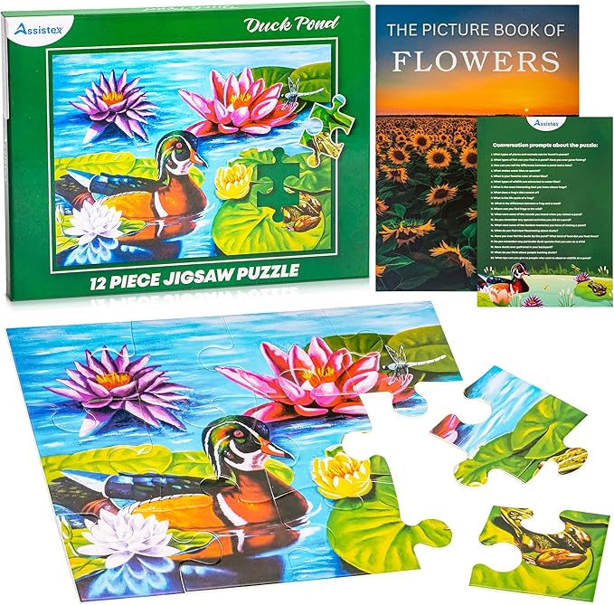 Assistex Large Piece Jigsaw Puzzle for Seniors with Dementia with Conversation Prompts, Large Piece Memory Game for Adults, Elderly, and Dementia Patients – Duck Pond Puzzle, 12 pcs
