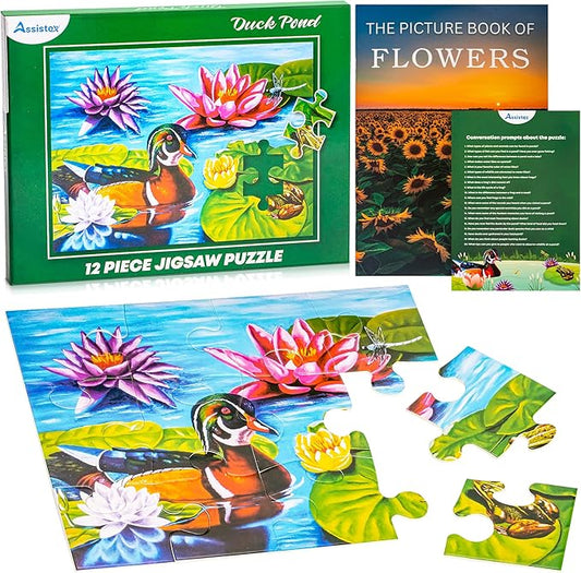 Assistex Large Piece Jigsaw Puzzle for Seniors with Dementia with Conversation Prompts, Large Piece Memory Game for Adults, Elderly, and Dementia Patients – Duck Pond Puzzle, 12 pcs