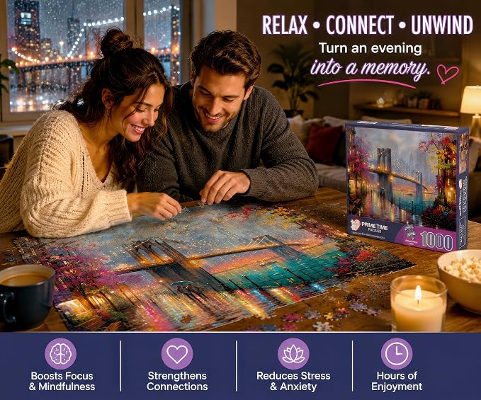 Adult Jigsaw Puzzle 1000 Piece Brooklyn Bridge | Features an artistic New York City cityscape in the rain. 20x27- Great for game nights on a table, puzzleboard, or floor.