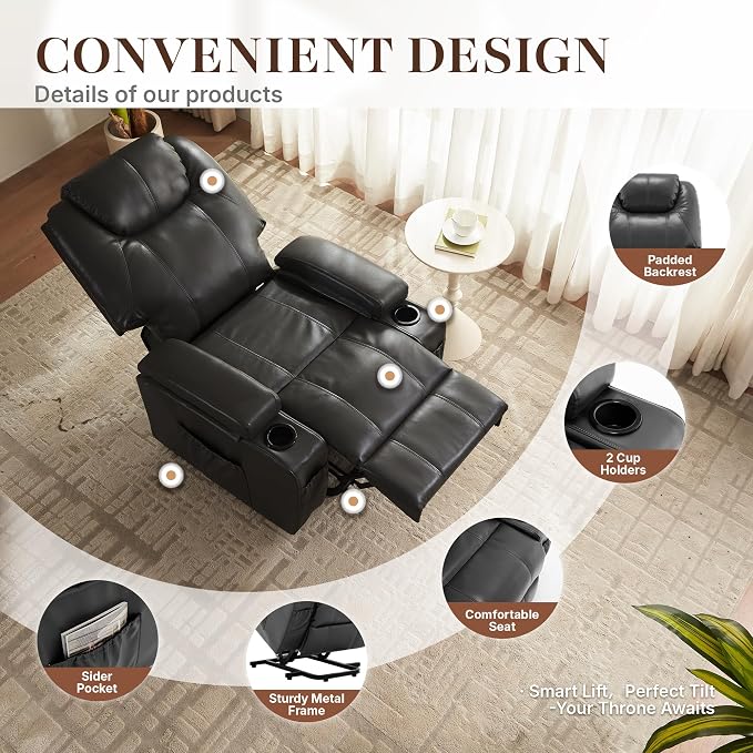 Power Lift Recliner Chair for Elderly, Electric Lift Chair with Massage & Heat, PU Leather Reclining Sofa with Cup Holders, Side Pockets for Living Room Bedroom