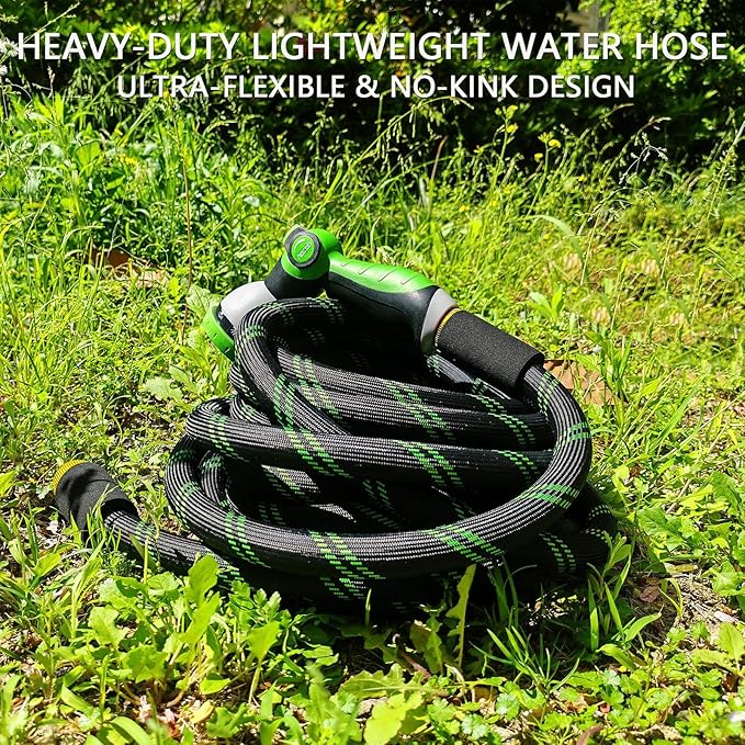 Junredy Garden Hose 50 FT, NON-EXPANDABLE Heavy-Duty Flexible & Lightweight Water Hose with 10-Function Nozzle, No-Kink, Leak-Proof Super Fabric, Solid Fittings for Lawn, Car, Outdoor (Black Green)