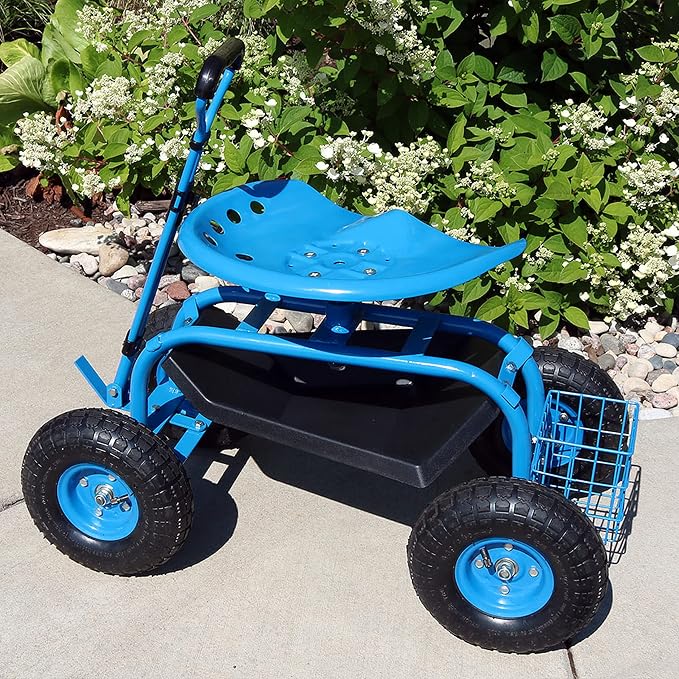 Sunnydaze Garden Seat with Wheels and Adjustable Handle, Blue | Steel Rolling Gardening Seat with Utility Tray for Storage, Rotating, Swiveling Motion