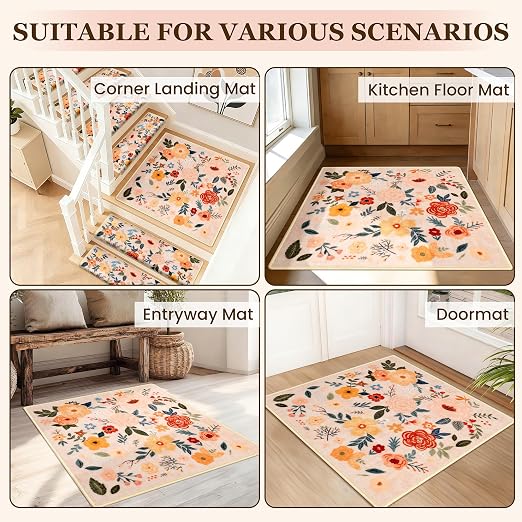 RORA Stair Treads Landing Mat 30"x30" Non-Slip Matching Mat for Wooden Steps Indoor, Bullnose Carpet Stair Floral Stair Rugs Washable Stair Carpet for Pets, Pink, 1pcs