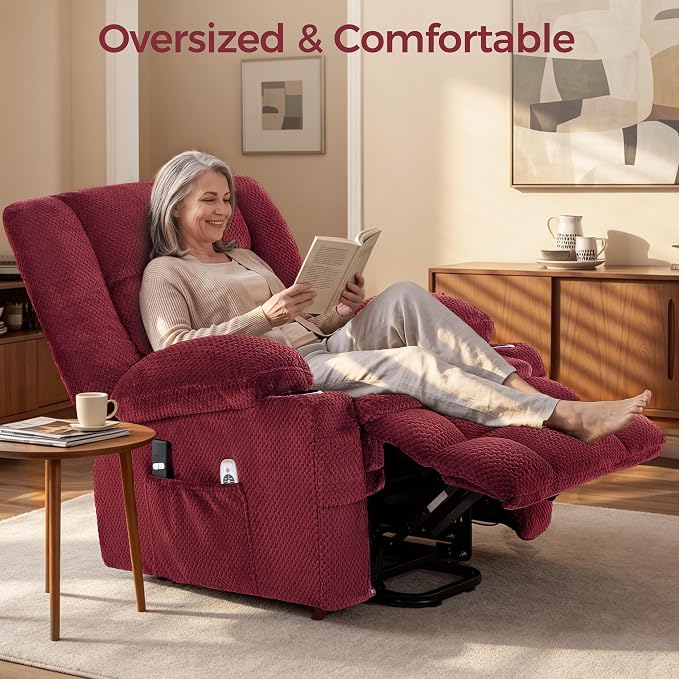 Power Lift Recliner Chair for Elderly, Electric Reclining Lift Chair with Massage and Heating, Comfy Overstuffed Recliner Single Sofa with Cup Holders,Pockets,USB Charge Port for Living Room,Burgundy