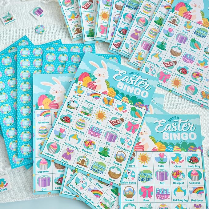 JOYIN 28 Players Easter Bingo Card (5x5) with Blue Color for Kids, Boys, Girls and Adults, Easter Games, School Classroom Activities and Easter Basket Stuffers