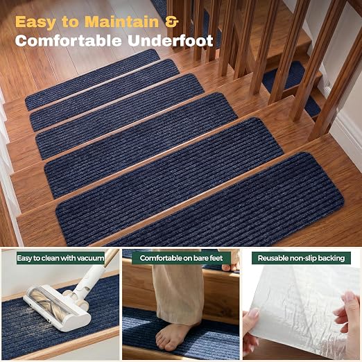 MBIGM Carpet Stair Treads for Wooden Steps, 15 Pack, 8" x 30", Navy Stripe | Four-layer polyester carpet with PP grid base, nonwoven cushion and TPR adhesive backing adds indoor traction and comfort