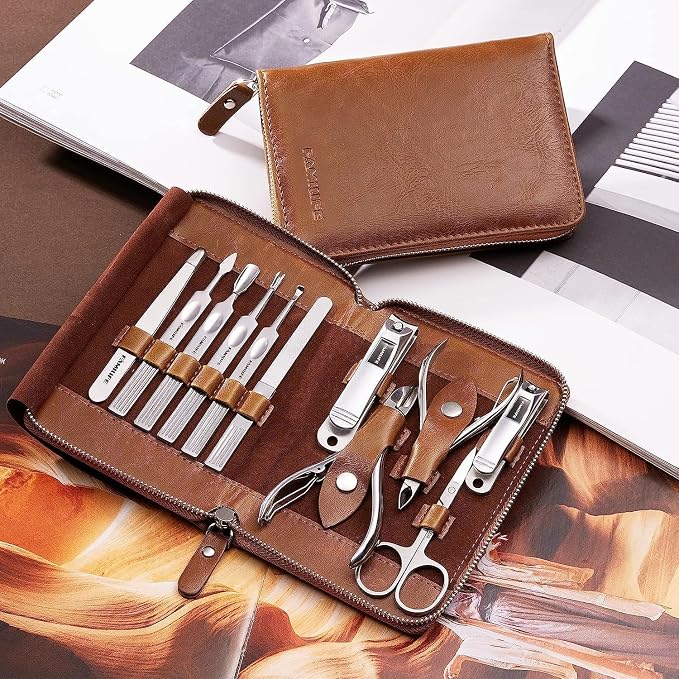 FAMILIFE Manicure Set, 11 in 1 Professional Manicure Kit Nail Clippers Set, Stainless Steel Pedicure Tools Toe Nail Kit, Men Grooming Tool with Portable Brown Leather Travel Case Gifts for Men Women