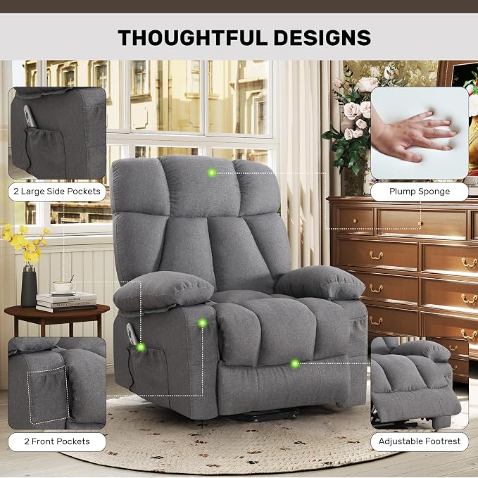 Power Lift Recliner Chair for Elderly, Big and Tall Lift Chair with Massage and Heat for Living Room, Fabric Electric Recliner Chairs with Side Pocket, USB Charge Port Grey