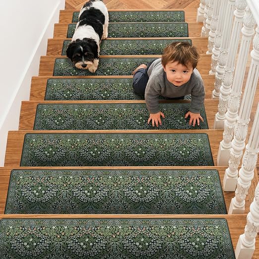 OJIA Non-Slip Stair Runner for Wooden Steps Indoor 15PC 30"x8" Stair Treads | Floral Carpet Stair Treads Stair Mats Staircase Step Treads for Kids, Elders and Dogs, Stair Covers, Green