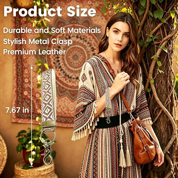 Boho Vintage Embroidered Floral plant Wristlet Keychain for Women | Cute Lanyard&Antique Brass Clasp, Lightweight Hands-Free Key Holder for keys,purses,handbags and daily outdoor use for ladies