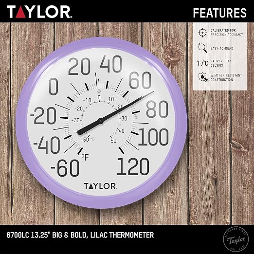 Taylor Big and Bold Wall Dial Thermometer, Indoor Outdoor Thermometer, Wireless Thermometer with Easy to Read Numbers for Patio, Pool, Garage and Indoor Areas, 13.25-inch, Lilac (Pack of 4)