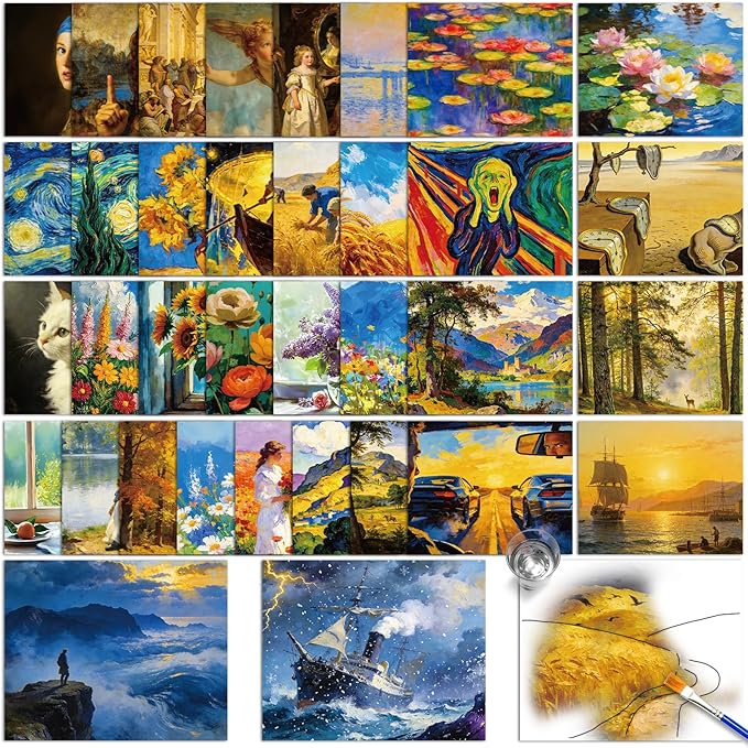 36Pcs Dementia Activities for Seniors,Reusable Water Coloring Set for Dementia Memories Activities, Adults Seniors Toys Games with Painting Brush Drawing Gifts (Famous Paintings of the World)