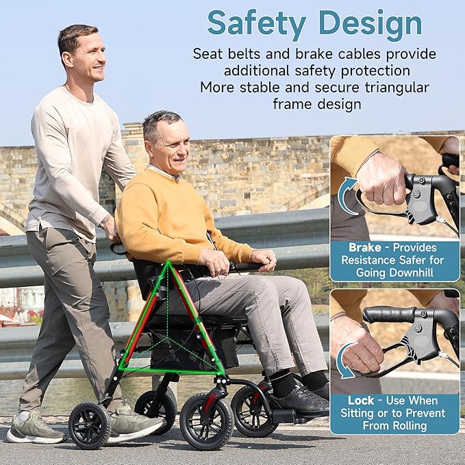 Walkers for Seniors, 2 in 1 Rollator Wheelchairs Combo 10" Big Wheels Walker with Seat, Rollator Transport Chair with Brakes Folding Rolling Walker for Adults, Red