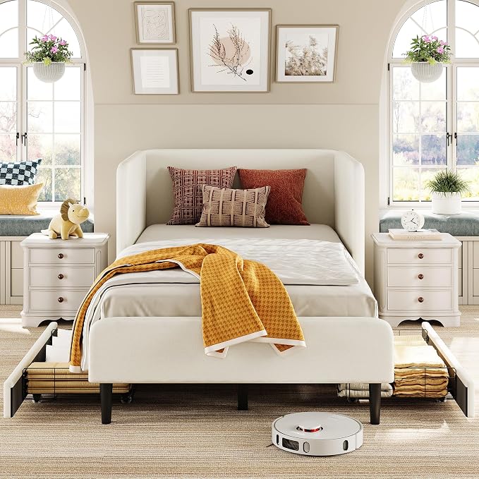 LIKIMIO Twin Daybed with Headboard, 2 Storage Drawers and Guardrails, Cream | No box spring needed. Safety rails & drawers. Ideal for dorms, guest rooms, small spaces. Easy assembly.