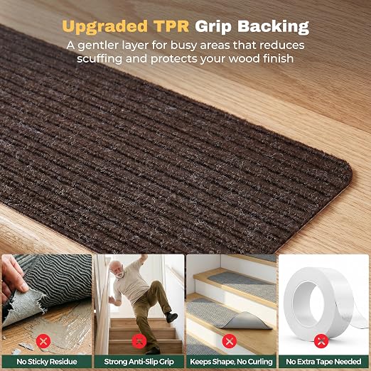 MBIGM Carpet Stair Treads for Wooden Steps, 7 Pack, 8" x 30", Brown Stripe | Four-layer polyester carpet with PP grid base, nonwoven cushion and TPR adhesive backing adds indoor traction and comfort