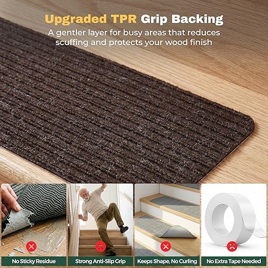 MBIGM 8" x 30" Non Slip Carpet Stair Treads Indoor (4 Pack), Non Skid Stair Rugs for Stairs, Slip Resistant Stair Runner for Kids, Seniors & Pets, Reusable Adhesive, Brown