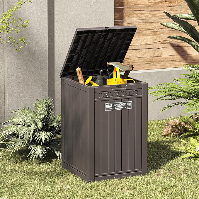 Package Delivery Box for Outside with Sticker, 48 Gallon Storage with Lockable Secure, Large Double Wall Resin Outdoor Package Delivery Waterproof Deck