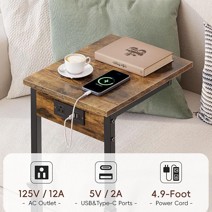 C Shaped End Table with Charging Station, 33"Tall Side Table for Couch, C-Table End Table Adjustable Height Side Table,Slide Under Couch Table TV Tray Table for Sofa,Living Room,Bedroom,Brown