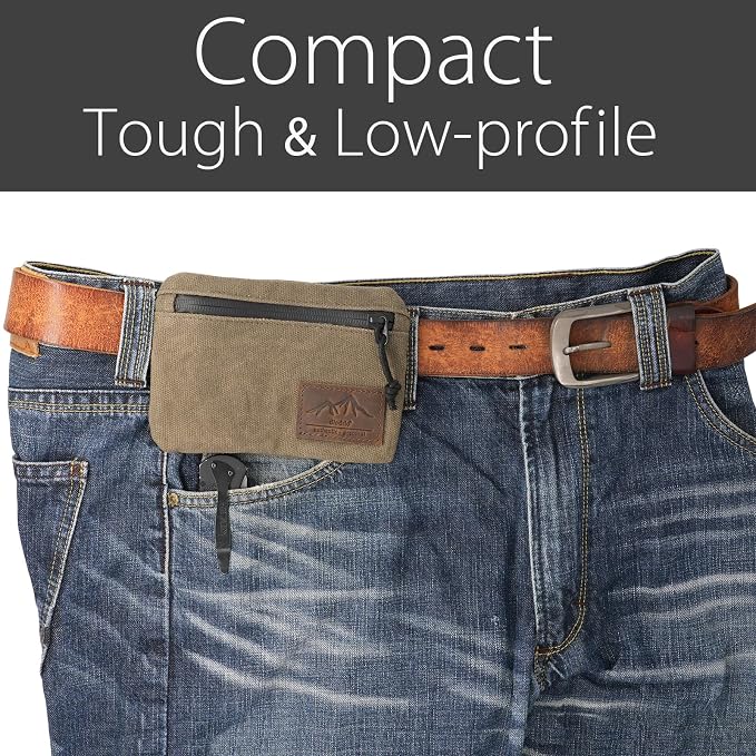 Belt Zipper Pouches for Men Women Compact EDC Pouch, YKK Zipper, Anti-theft Pickpocket Proof Safety Wallets, Waist Pack for Traveling Hiking, Water Resistant, Tough Waxed Canvas, Olive