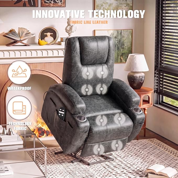 Flamaker Power Lift Recliner Chair Electric Lift Recliner for Elderly | Power Lift Recliner Chair with Cup Holders Side Pockets for Living Room (Leathaire, Light Black)